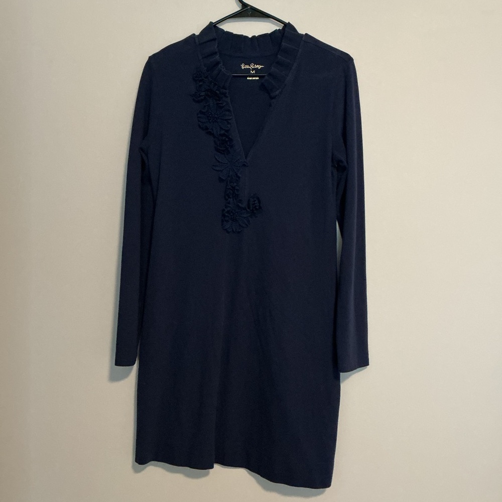 Lilly Pulitzer Navy Shift Dress Cotton Spandex Floral Design V Neck
